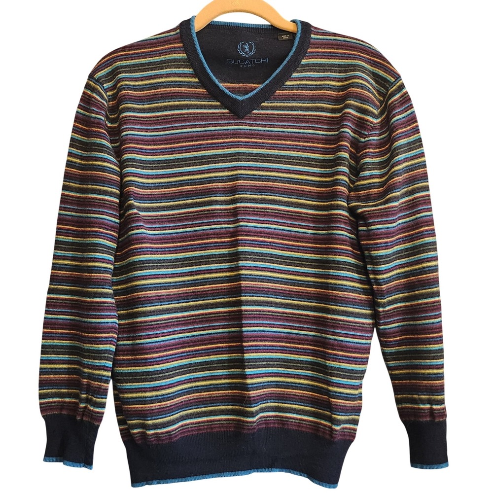 Bugatchi Sweater Mens M Multicolor Stripe V-Neck Merino Wool Excellent Luxury